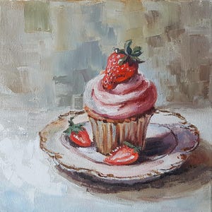 Strawberry Cream Cupcake Oil Painting: Kitchen Dessert Art, 10x10 Canvas