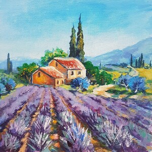 Lavendel Feld Malerei Originale Kunst 20,3 x 20,3 cm Bauernhaus lila Lavendel Provence Landschaft Frankreich Wandbild Landschaft Home Decor