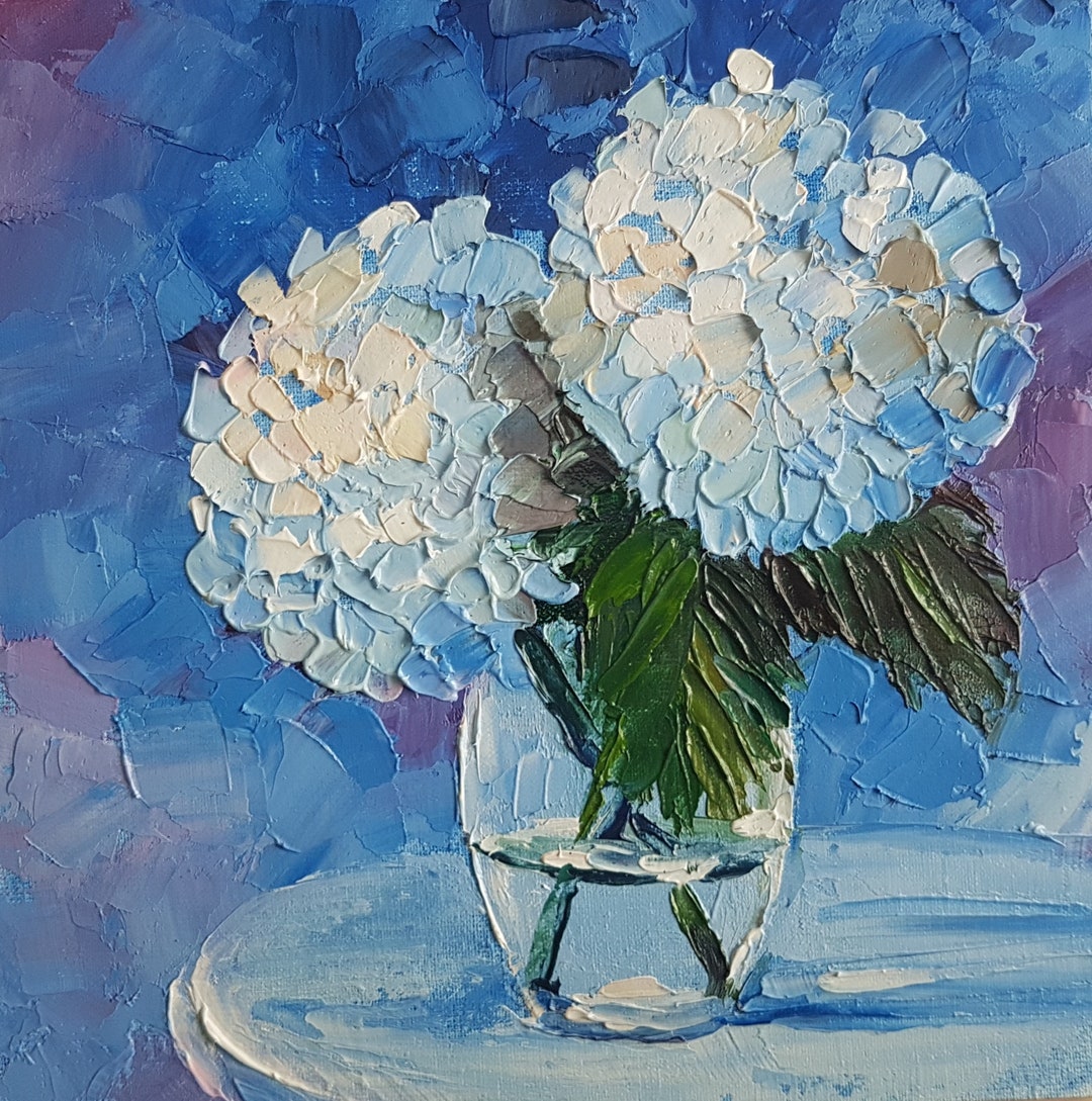 Blue Hydrangea Oil Painting Floral Impasto Miniature Art 8x8 Textured ...