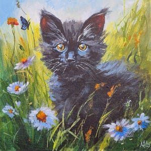 Peinture chaton noir, art original de chat noir, peinture chaton mignon, portrait d'animal de compagnie, cadeau pour amoureux des chats, art animalier, décoration d'intérieur, art mural, cadeau fait main