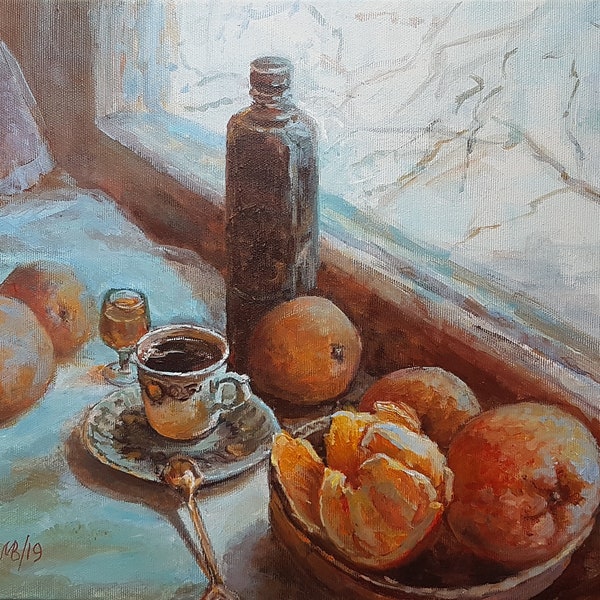 Acrylic Painting,Canvas Art,Wall Art,Cup of Coffee,Still Life Painting,Winter Still Life,Coffee,Orange,Original Art,Home Decor,Winter Scene