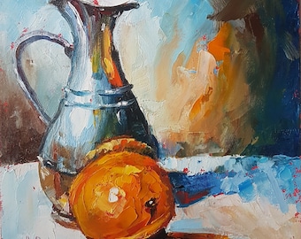 Abstract Orange Fruit Painting Still Life Original Oil Painting Food Art Orange Artwork Fruit Wall Art Small Painting Impasto Palette Knife