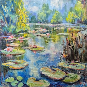 Peinture à l'huile empâtement nénuphar : paysage floral d'étang de lotus (19,3 x 19,3 po.)