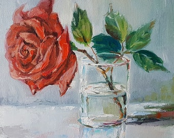 Red Rose Painting Original Oil Painting Flower Still Life Floral Art Roses Art 10x10 inches Garden Flowers Wall Art Wall Decor Home Decor