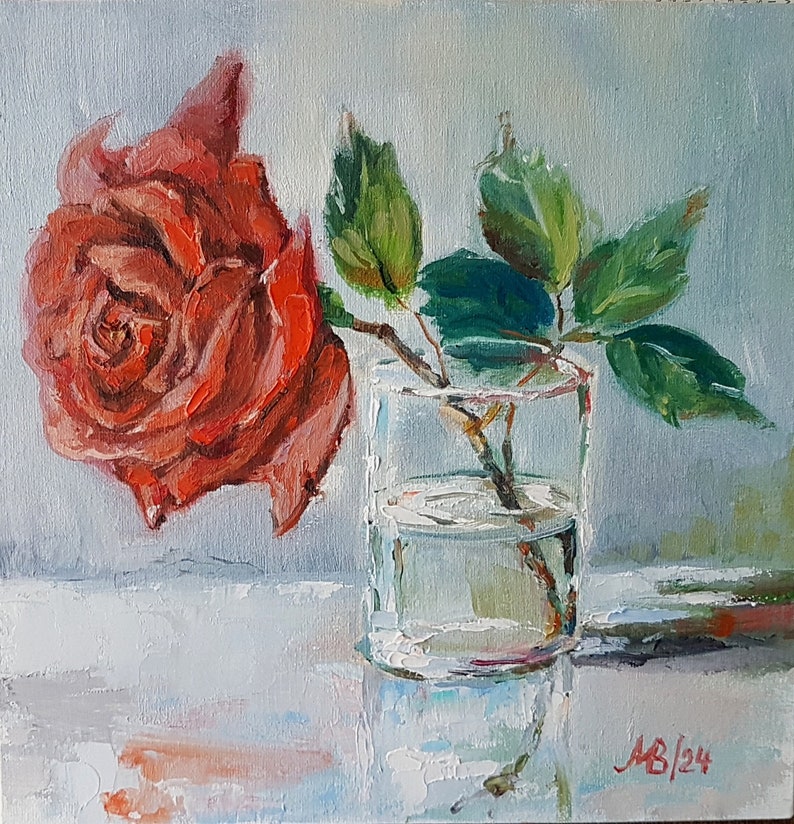 Red Rose Painting Original Oil Painting Flower Still Life Floral Art Roses Art 10x10 inches Garden Flowers Wall Art Wall Decor Home Decor image 1