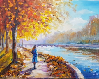 Autumn Landscape Abstract Fall Original Oil Painting Girl in Autumn Park River Painting Wall Art Home Decor Figurative Art Impasto Artwork