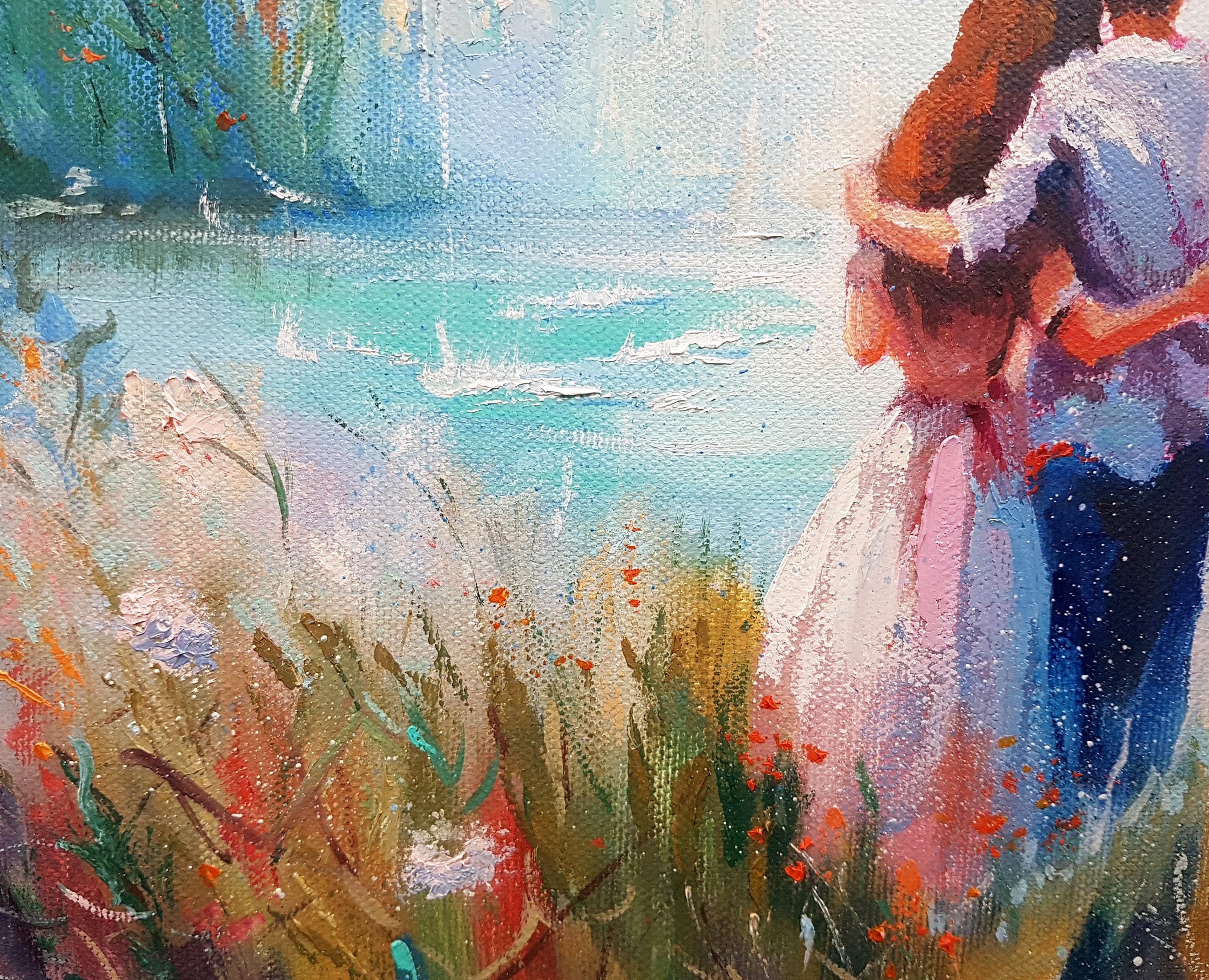 D. Misanth 油彩画 カップル 雨傘 Love Romantic Original Oil Painting Man and Woman Two Under