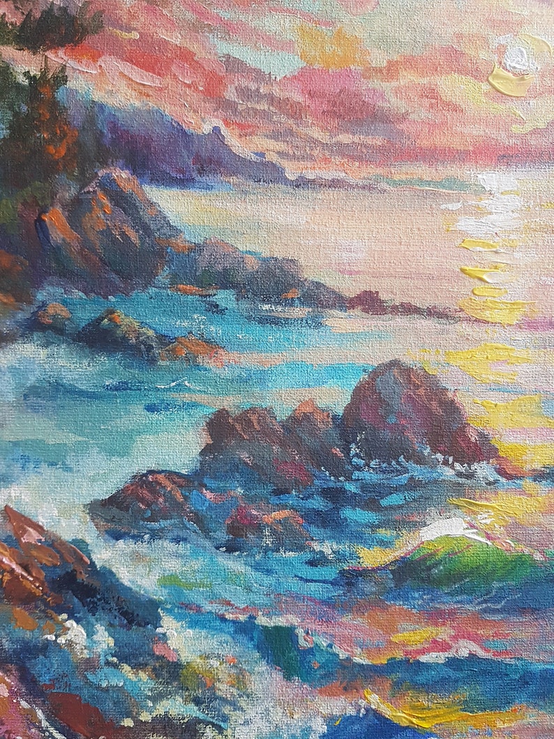 Peinture coucher de soleil sur voilier océanique : art de paysage marin ...