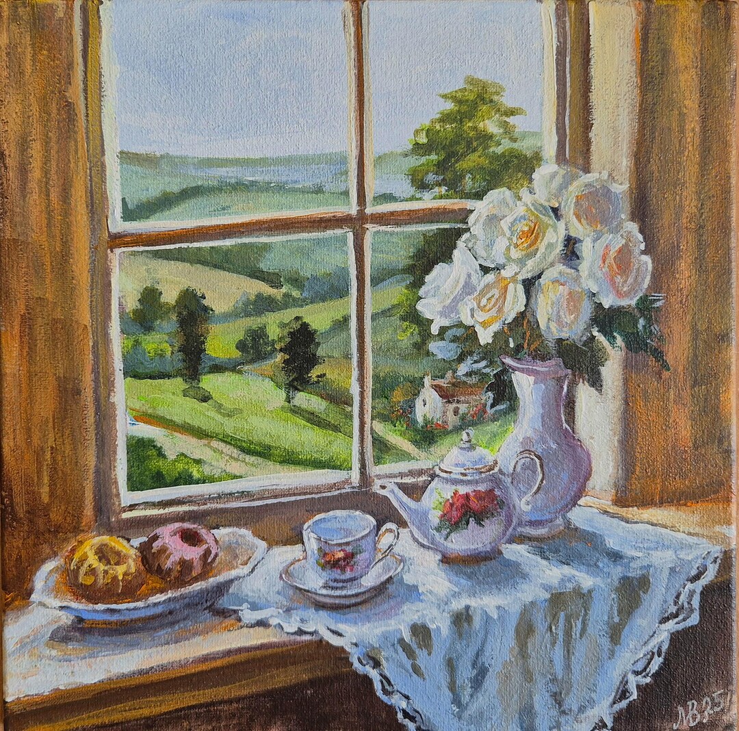 English Countryside View Painting: Rustic Farmhouse White Roses Art ...
