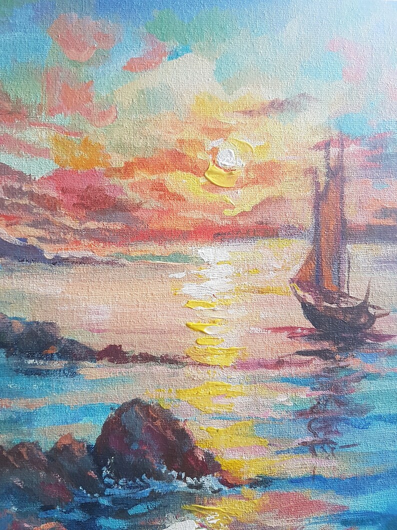 Peinture coucher de soleil sur voilier océanique : art de paysage marin ...