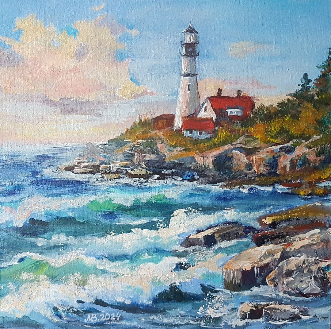 Maine Portland Head Light Painting: Seascape Lighthouse Acrylic Art ...