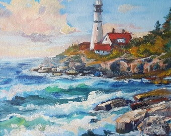 Maine Portland Head Lichtgemälde: Meerlandschaft Leuchtturm Acrylbild (10x10)