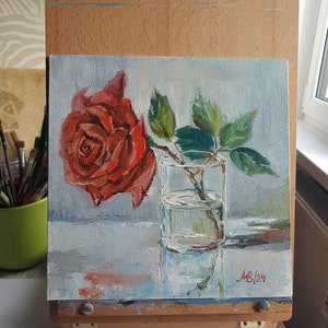 Red Rose Painting Original Oil Painting Flower Still Life Floral Art Roses Art 10x10 inches Garden Flowers Wall Art Wall Decor Home Decor image 3