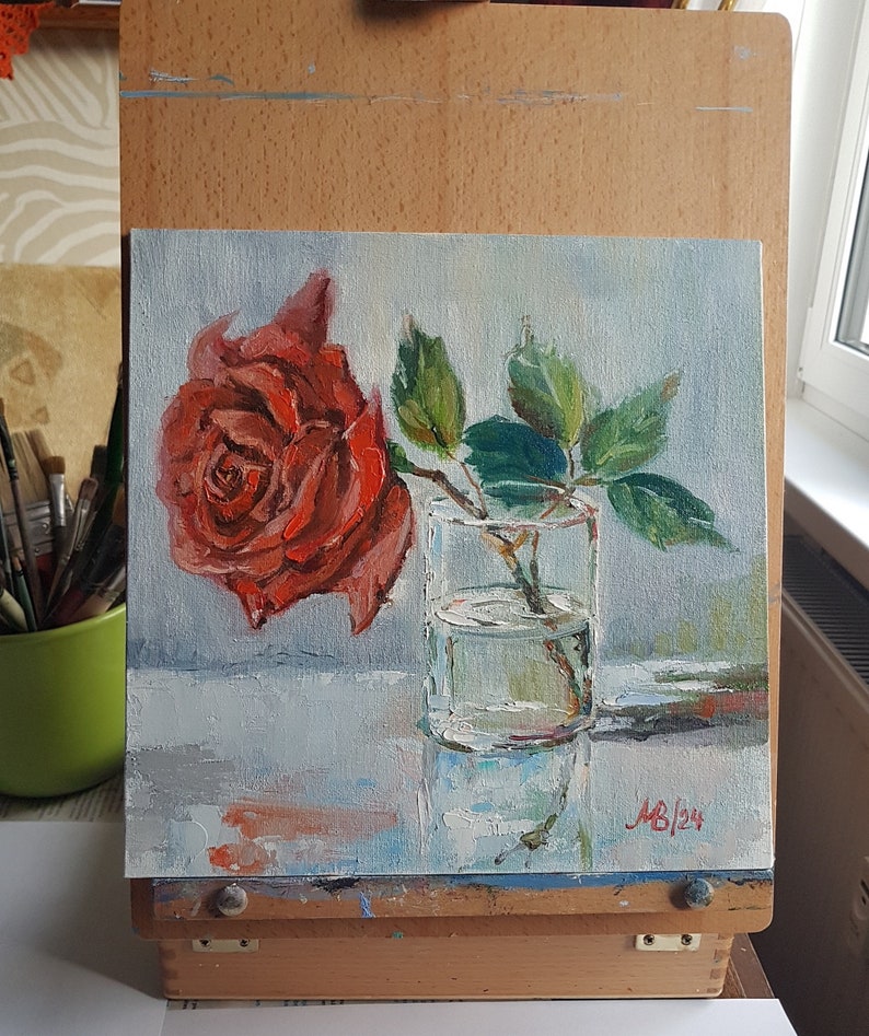 Red Rose Painting Original Oil Painting Flower Still Life Floral Art Roses Art 10x10 inches Garden Flowers Wall Art Wall Decor Home Decor image 3