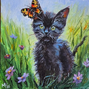 Peinture chaton noir, art original de chat noir, peinture chaton mignon, portrait d'animal de compagnie, cadeau pour amoureux des chats, art animalier, décoration d'intérieur, art mural, cadeau fait main