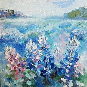 Texas Bluebonnet Feld Ölgemälde: Impasto Blumenkunst, 200x200