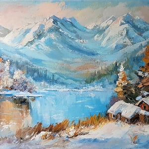 Colorado Rocky Mountain Winter Oil Painting: 12x16 Snowy Cabin Impasto Art