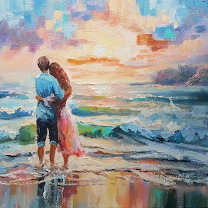 Romantic Love Couple Oil Painting Seascape Sunset Beach Love Scene Artwork Impasto Impressionist Style Decor Wall Art Valentine&#39;s Day Gift