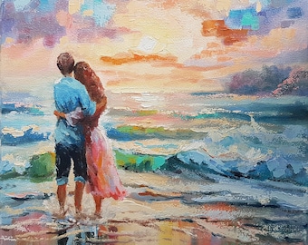 Romantic Couple Seascape Original Oil Painting: Impasto Beach Sunset Art 12x12"