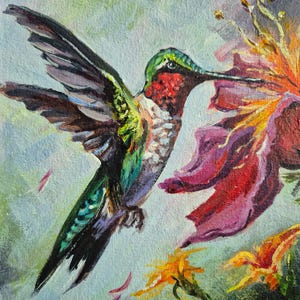 Hummingbird Painting Colorful Bird Original Acrylic Canvas Art 8x8" Hand Painted Animals Art Bird Wall Art Home Decor Gift for Nature Lovers