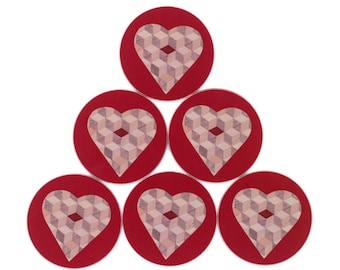 Art Deco Heart Coasters Set of 6: Glossy Heat Resistant Melamine and Eucalyptus Wood