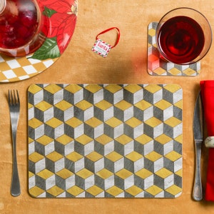 2 Large Mid-Century Modern Placemats Set – Mustard Yellow & Grey Geometric Design