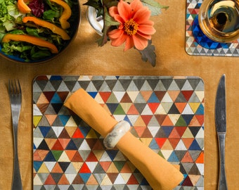 Boho Harlequin Placemats: Heat Resistant Melamine, Eucalyptus Board