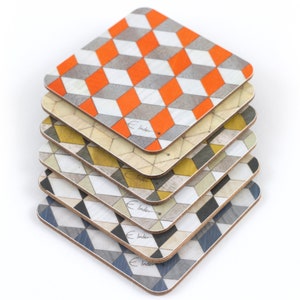 6 Coasters in assorted colours in a Mid Century Modern Geometric design. Brighten your coffee table. International shipping image 1