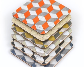 6 Coasters in assorted colours in a  Mid Century Modern Geometric design. Brighten your coffee table. International shipping