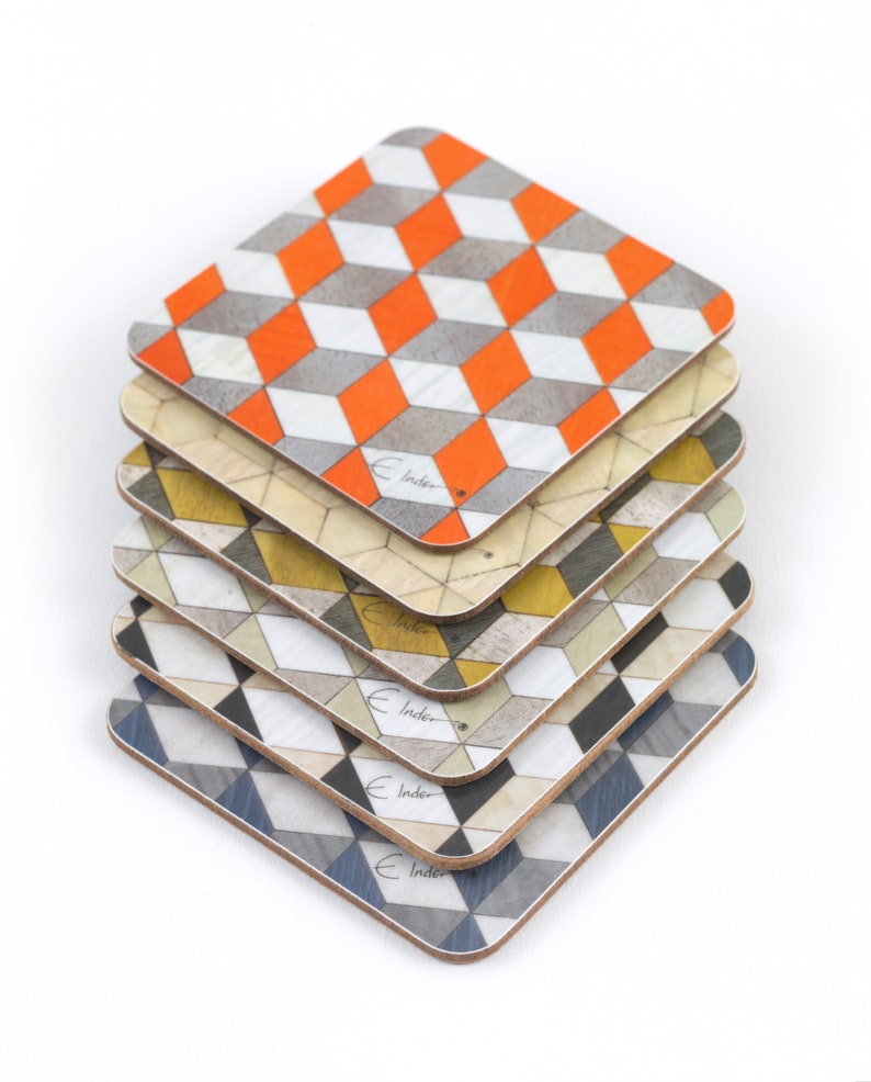6 Coasters in assorted colours in a Mid Century Modern Geometric design. Brighten your coffee table. International shipping image 1