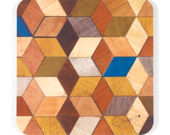 Mid Century Coaster: Geometric Wood Veneer, Heat Proof Melamine