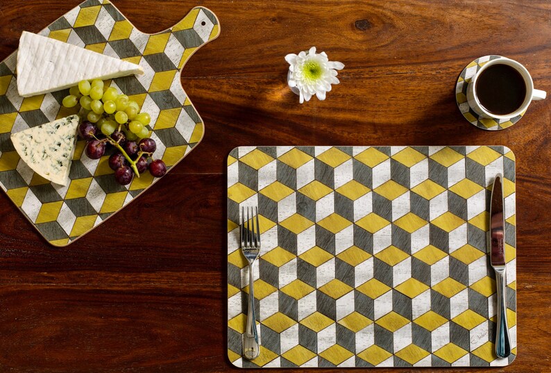 Retro Placemats in Mid Century Style Yellow and Grey. Melamine Etsy UK