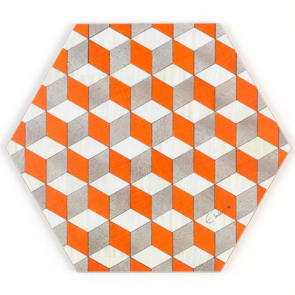 Gift Set. Teapot stand in hexagonal shape in vibrant orange white and grey and matching chopping paddle. Durable Melamine. Made in UK
