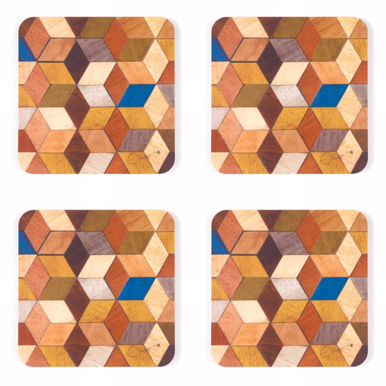 May include: Set of four square coasters with a geometric cube pattern. The coasters feature a mosaic design with various wood tones, including brown, tan, and blue. Each coaster has rounded corners and a white background.