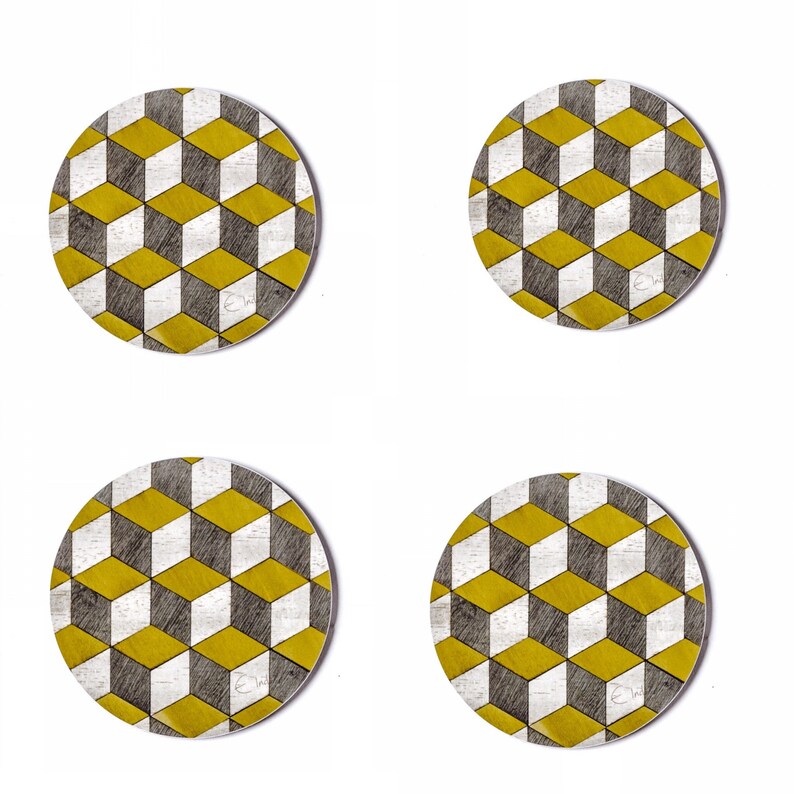 Round Coasters. Yellow and Grey Mid Century Design. Square and Etsy UK