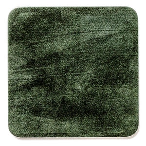 May include: A square, dark green rug with rounded corners. The rug has a textured, plush surface, and the color is a deep, forest green. The edges are finished with a white border. This rug is suitable for home decor.