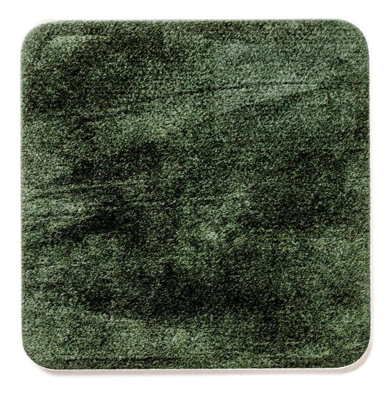 May include: A square, dark green rug with rounded corners. The rug has a textured, plush surface, and the color is a deep, forest green. The edges are finished with a white border. This rug is suitable for home decor.