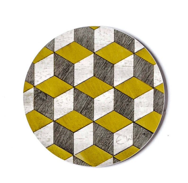 Round Coasters. Yellow and Grey Mid Century Design. Square and Etsy UK