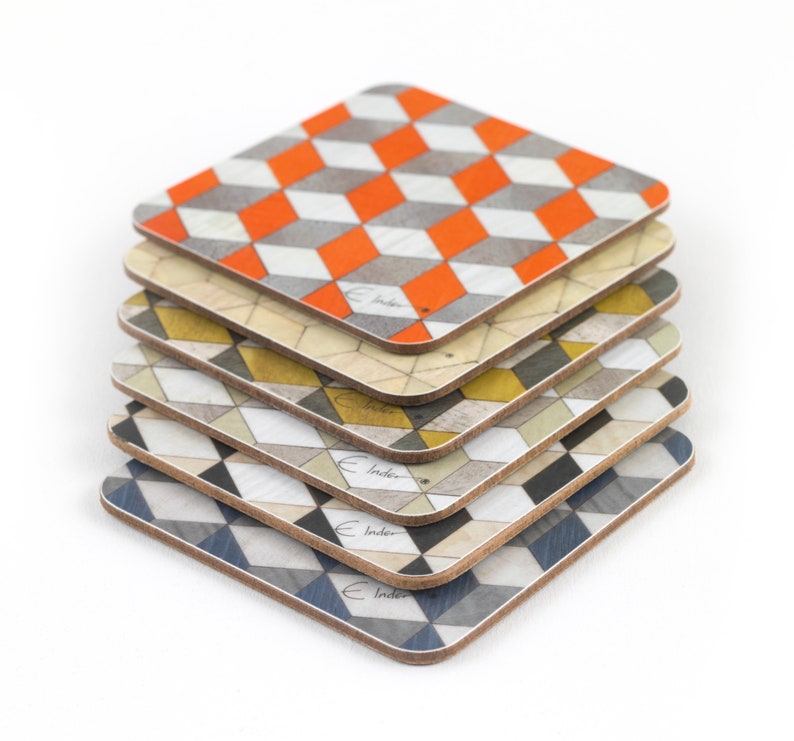 6 Coasters in assorted colours in a Mid Century Modern Geometric design. Brighten your coffee table. International shipping image 8