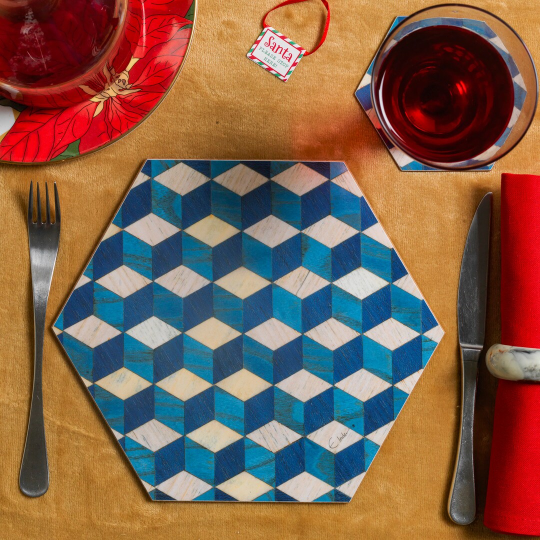 Blue White Placemats. Hexagonal Shape in Coastal Look. Heat Etsy UK