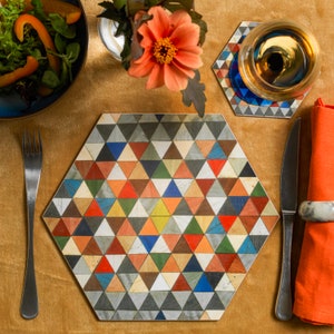 Small hexagonal place mats in mosaic Harlequin design. Heat proof melamine. Sets of 2, 4 and 6 Perfect for small round tables.