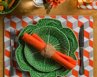Large placemat in bold contemporary design. Vibrant orange white and light grey. Heat resistant Melamine. Sets of 2 or 4