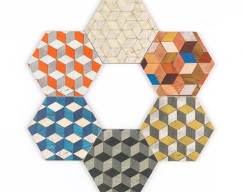 Coasters set of 6. In mixed colours. Hexagonal 3d design. Fun Funky Gift.