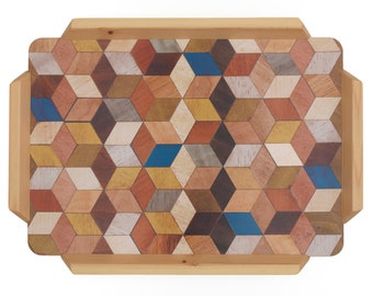 Extra Large Geometric Cube Tray: Wooden Handle Serving Platter, Made in the Cotswolds. Leo Range