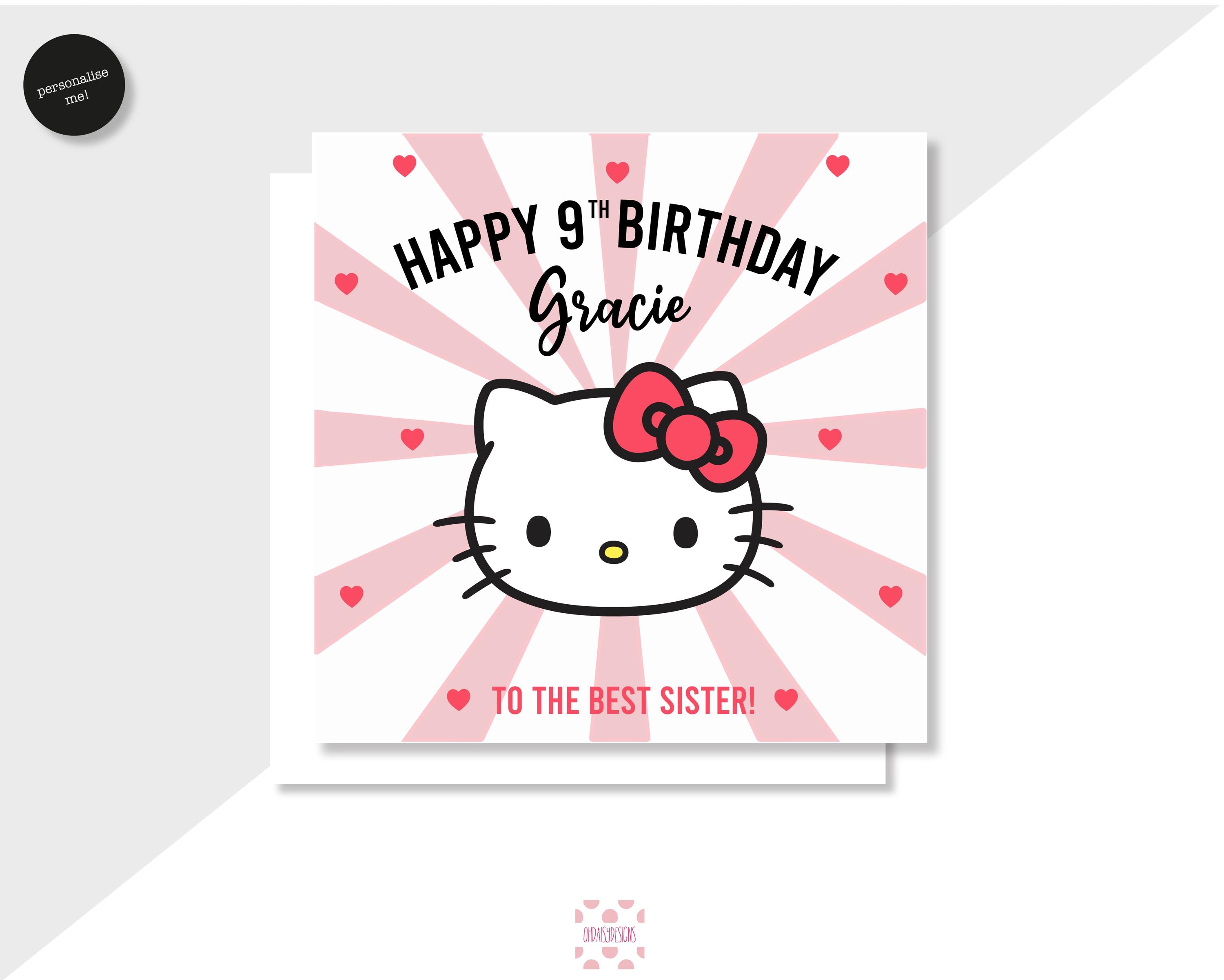 Personalised Hello Kitty Birthday Card, Girls Birthday, Kitty