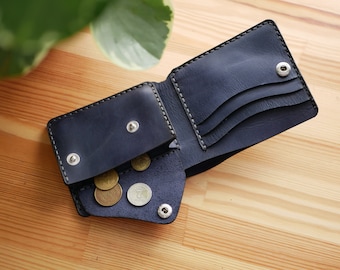 Leather dark blue wallet with a compartment for coins, Personalized leather wallet mens, Bifold wallet