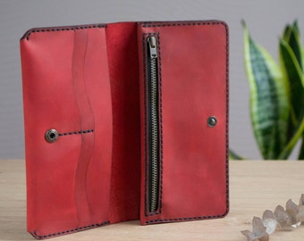 Cartera de cuero para mujer, Regalo para mujer, Cartera de cuero con cremallera, Cartera grande de cuero, Regalo para ella, Cartera roja, Regalo del Día de la Madre