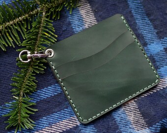 Leather card holder wallet with metal carabiner, Leather wallet mens, Compact wallet, Leather pocket wallet, Small green wallet leather