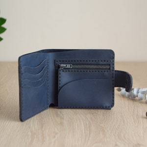 Leather Bifold Wallet, Leather wallet men, personalized leather zipper wallet, wallet leather men, personalized wallet leather, Gift For Dad Dark blue