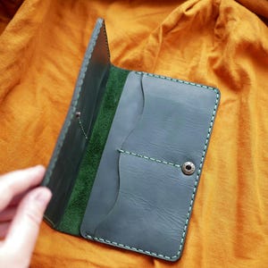 Cartera de cuero hecha a mano, billetera delgada de cuero para mujer, billetera de viaje de cuero, billetera larga de cuero, billetera con tarjetero